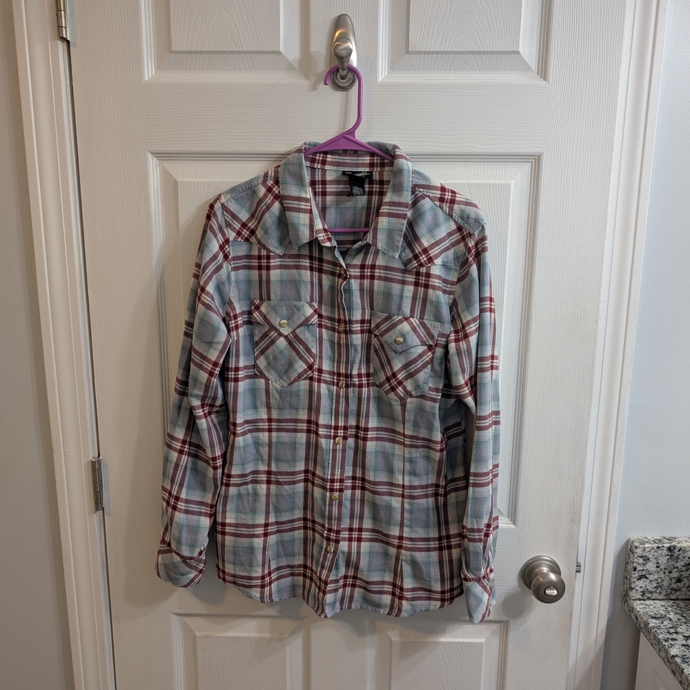 Vintage Wrangler‎ Plaid Flannel Shirt Pearl Snap Blue Western Rancher - Size L